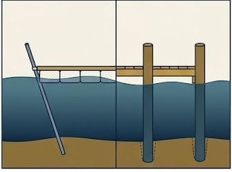 Illustration comparing a removable spud-pole anchor with permanent driven pilings