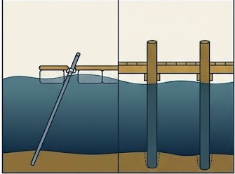 Illustration comparing floating dock anchored with a spud pole versus fixed dock with driven pilings