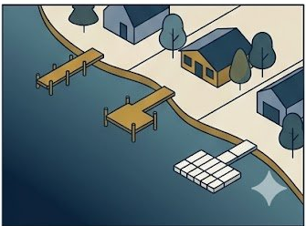 Aerial illustration of a waterfront neighborhood showing different dock styles along the shoreline
